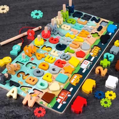 China Develop Kids Intelligence Wooden 8 in 1 Number Alphabet Learning Puzzle Board Shape Sorter Counting Game Montessori Toys Magnetic Fishing Game for Kids for sale