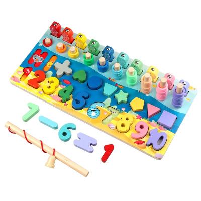 China Develop Kids Intelligence Wooden 5 in 1 Number Puzzle Shape Sorter Board Math Counting Fishing Game Kindergarten Sensory Activity Educational Toys for Kids for sale