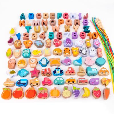 China Improve Child's Manual Ability Cpc Traffic Animal Fruit Vegetable Wooden Alphabet Threading Lacing Beads Toys Toddler Fine Motor Activities Toys For Children 3 4 for sale