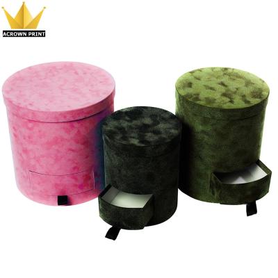 China Recyclable Luxury Waterproof Velvet And Suede Hat Flower Box , Custom Velvet Round Box With Drawer for sale