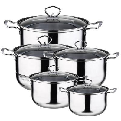 China Factory Direct Sale Sustainable Kitchen 10 Pcs 12Pcs Stainless Steel Cookware Set Soup And Stock Pot Set Cooking Pot Set With Glass Lid for sale