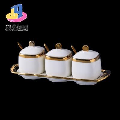 China Viable Wholesale Kitchen Spice Jar Ceramic Seasoning Jar 3pcs Set Box Gold Rim Kitchen Food Porcelain Storage Seasoning Bottles for sale