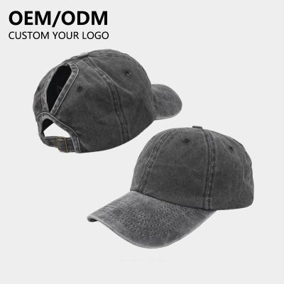 China Wholesale Custom Logo COMMON Hat With Ponytail Hole Ponytail Print Vintage Baseball Cap Washed Mesh Distressed Hat For Woman for sale