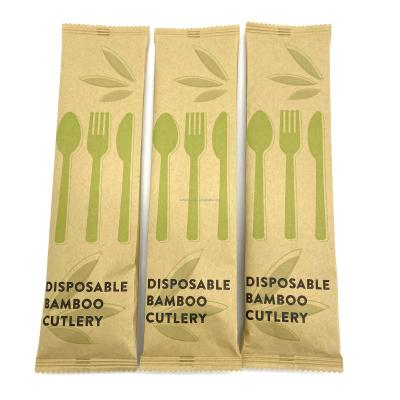 China 4/1 Disposable Wrapped Bamboo Kit (Knife Fork Spoon Utensils Cutlery Napkin) 6.7 Inch 100 Pcs Per Pack for sale