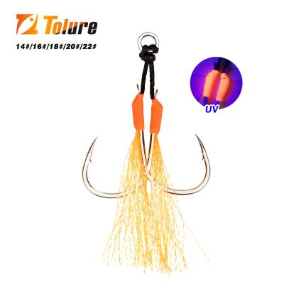 China Tolure high carbon steel colorful UV pike assist hook with luminous tinsel fishing hooks Double Fishhook 5pcs 13/14/15/16/18/20/22# for sale