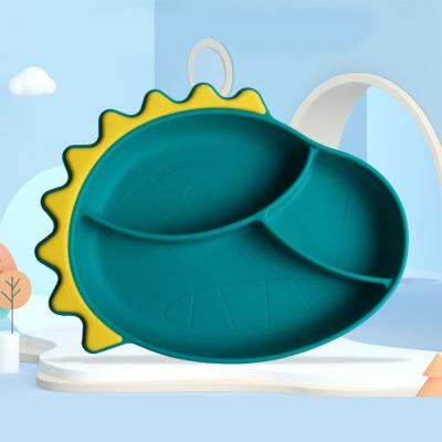 China Viable Hot Selling Fixed Shape Kids Fixed Dinosaur Cup Suction Dish Silicone Food Grade Food Compartment Dinner Dish for sale