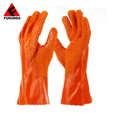 China PVC Seamless Red Gloves with Red PVC Chip Finish Chemical Resistant Gloves for sale