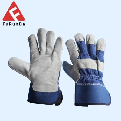 China Widely blue cow split leather working gloves with safety cuff--full palm for sale