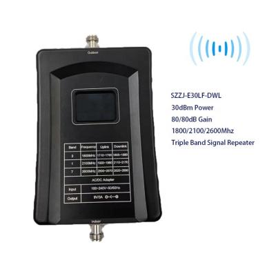 China Indoor Cell Phone Signal Amplifier High Power 30dBm 80dB Gain Triple Band Signal Repeater For Home Cell Phone 1800 2100 2600Mhz Wireless Network Signal Booster for sale