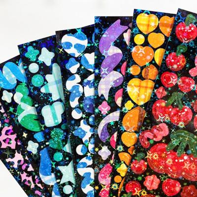 China Waterproof Custom Self Adhesive Paper Labels Rainbow Film Glitter Printing Custom Kiss Cut Sticker Sheets for sale