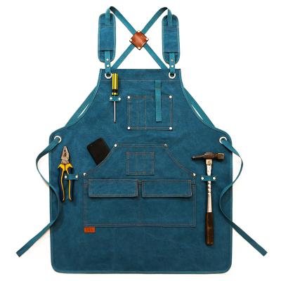 China Heavy Duty Thick Back Logo Work Aprons Heavy Duty/Durable/Cross Canvas Custom With Tool Pockets For Outdoor BBQ Camping Grilling for sale