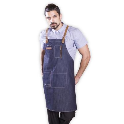 China Washable Custom Denim Jean Aprons With Cross Back Leather Strap For Nail Salon Bar Cafe Waiter Waitress for sale