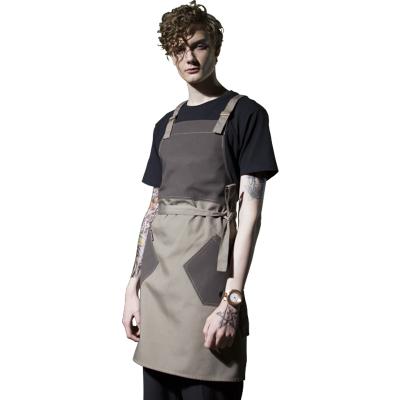 China Fashionable Custom Made Stock Wholesale Logo Brown Canvas Shoulder Straps Two Pockets Long Chef Apron For Kitchen Cook Cooking for sale