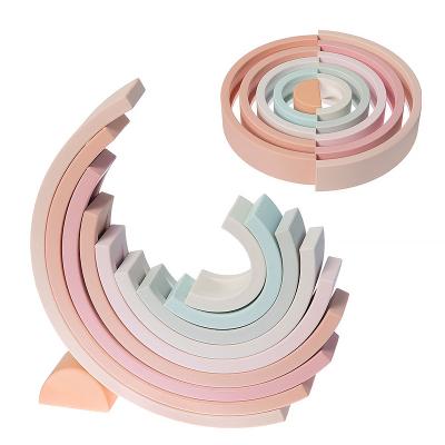 China Wholesale Eco-friendly Material 10Pcs Nesting Teether Baby Montessori Toys Rainbow Bpa Free Silicone Stacking Toy For Toddlers for sale