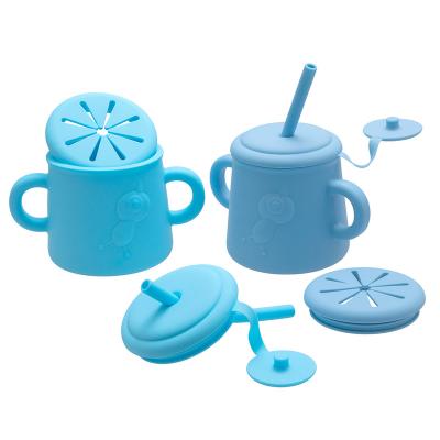 China Bpa Free Design New BPA Free 2 In 1 Large 435ml Toddler Drink With Straw Lid No Spill Baby Silicone Sippy Snail Snack Cup for sale