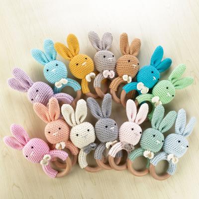 China Eco-Friendly Material Wholesale Organic Bunny Rabbit Crochet Animal Teether Ring Wooden Teething Toys Baby Care Bracelets for sale