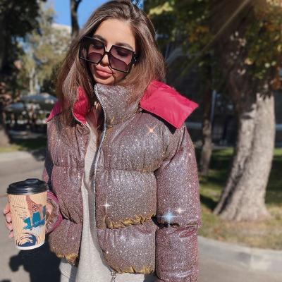 China Anti-wrinkle ladies winter clothes women stripper jacket puffy crop bubble short coat quilting padded jacket with print for sale