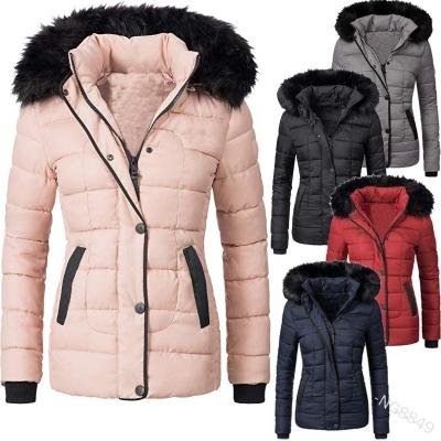 China Anti-wrinkle ladies padded jacket with fur hood women faux fur winter thick stripper fur striping coat quilting American style for sale