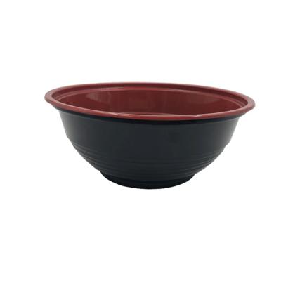 China 700ml Disposable Plastic Disposable PP Salad Soup Bowl Hot Round Food Container Take Out Bowl Red And Black With Lid Microwavable Leak Free for sale