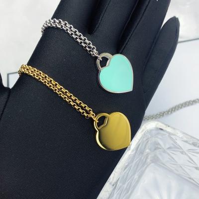 China Cute Handmade Gold Plated Cyan-Blue Heart Shape Stainless Steel Necklace Enamel Pendant Necklace For Women for sale