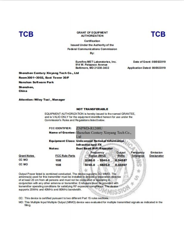 FCC - Shenzhen Century Xinyang Tech Co., Ltd.