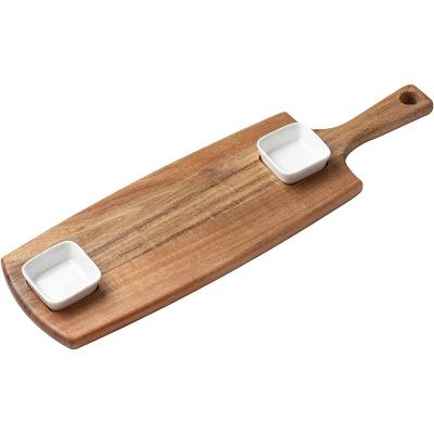 China Sustainable Cutting board serving board with two dipping dish Rectangle with handle acacia wood natural color OEM&ODM for sale