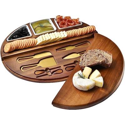 China Sustainable Round Cheese serving board with storage cheese knife Acacia solid wood natural color OEM&ODM support for sale