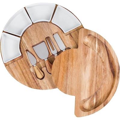 China Sustainable Round Cheese serving board with storage cheese knife Rubber solid wood natural color OEM&ODM support for sale