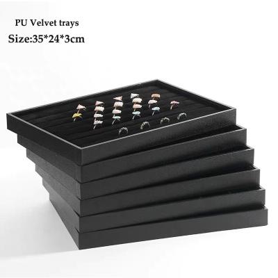 China Promotional Good Quality Leather Black Velvet Crocodile Pattern PU Luxury Tray Stackable Jewelry Display for sale