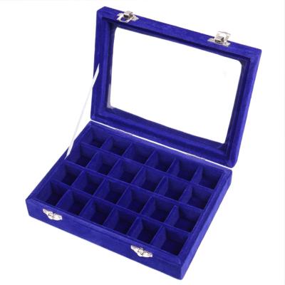 China 2021 Safe Storages Soft Portable Travel Grade Flannel Rectangle Small 24 Slots Jewelry Box With Glass Cover Lid for sale