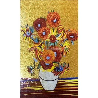 China Customized Hand Designed Flower Van Gogh Sunflower Glass Mosaic Void Wall Art Murals for sale