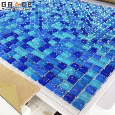 China Blue Crystal Art Puzzle Wall Backsplash Swimming Pool Tiles Hotel Decor Modern Glass Mosaic Sea Tile Null for sale