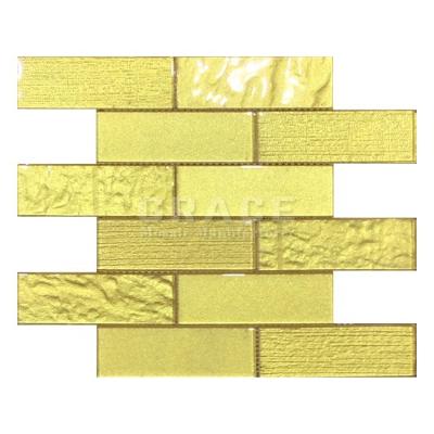 China Wholesale Leaf Hotel Subway Tile Yellow Gold Glass Mosaic Home Kitchen Decor Gold Mosaics for sale