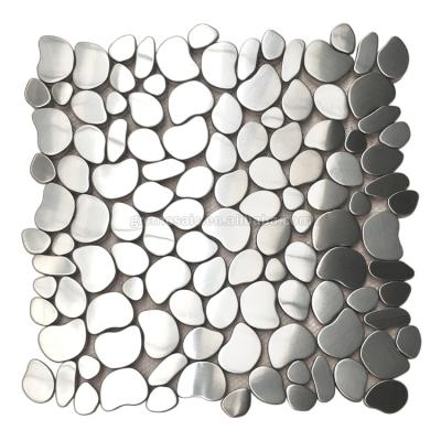 China Modern Silver Pebble Mosaic Stainless Steel Metal Mosaic Cobblestone Shaped Wall Mosaic for sale