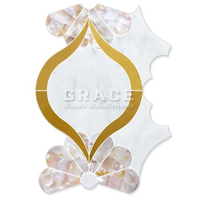 China Waterjet Marble Null Art Mother Of Pearl Floor Flower Metal Shell Mosaic Tile Stone Gold Wall Tiles for sale