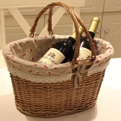 China New Viable Picnic Basket Willow Storage Basket Fruit /Wine/Snack/Sundries Basket with Two Foldables and Removable Fabric Lining for sale