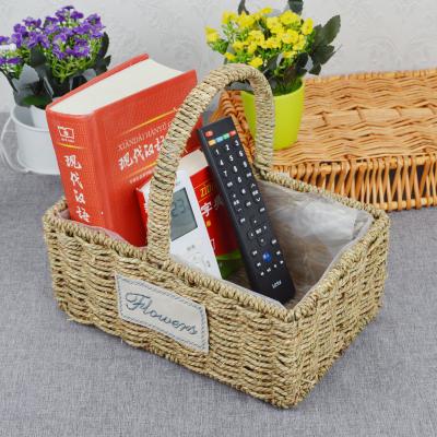 China Viable Straw Braid Woven Flower Sundries Storage Basket Box Straw Rope Woven Flower Plant Basket With Handle for sale