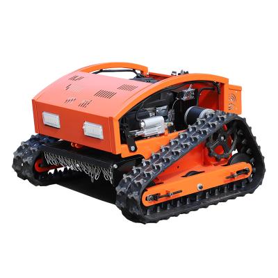 China Anti-skid upgraded version crawler rubber mower slope radio remote control cordless lawn mower for sale