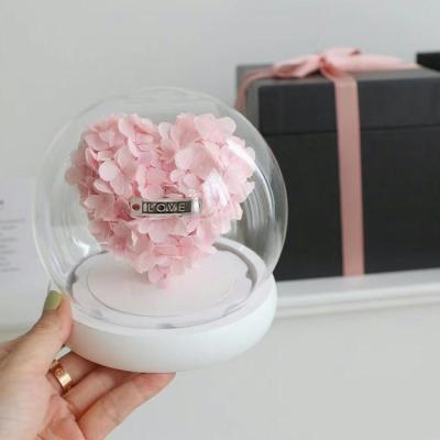 China Real Natural Eternal Hydrangea Perpetual Heart Flower Night Light Gift Box Preserved Flower Glass Dome for sale