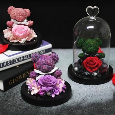 China Home Decor 2021 Hot Sale Wall Decor Room Decor Handmade Preserved Rose In Glass Flower Dome With Bear for sale