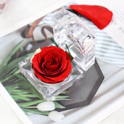 China Flowers Preserved Rose Acrylic Ring Box Preserved Natural Eternal Roses Flower Acrylic Box for sale