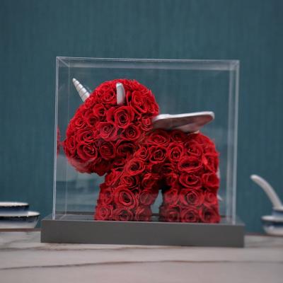 China Perpetual Flower Preserved Natural Flowers Eternal Flower Rose Acrylic Box Perpetrum Unicorn Preserved Rose for sale