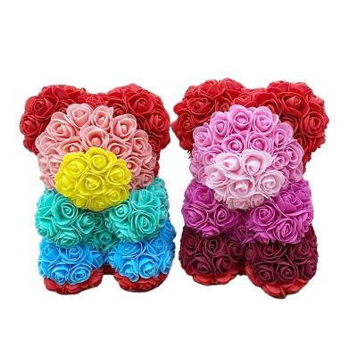 China Artificial Flower Rose Bear Flower Plant 25cm Rainbow Foam Flower Bear Plastic Cute Rainbow Color Bear for sale