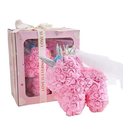 China Pe Flower Wholesale Preserved Foam Rose Bear Wholesale Gift Sets Pe Flower Unicorn Christmas Gift for sale