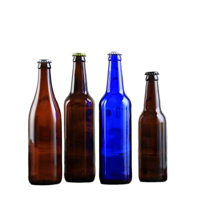 China Amber Neck Wholesale Glass Beer Bottles 330ml Empty Glass Beer Bottle Fancy Long Beverage Liquor Bottle With Crown Lid for sale