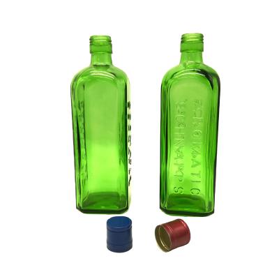 China Beer 750ml Square Green Color Schnapps Glass Aromatic Wine Bottles Alcohol Whiskey Beverage Spirits for sale