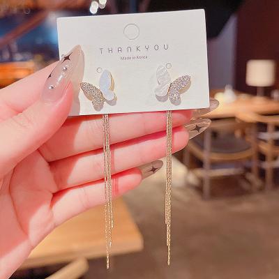 China Butterfly Wings Earrings 925 New Wing Stud Earrings Women Long Tassel Silver Needle Personality Design Rhinestone Butterfly Earrings for sale