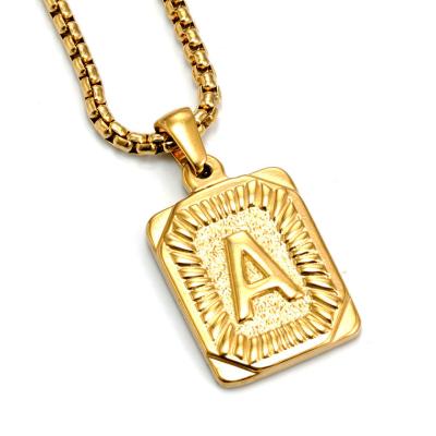 China Hiphop Customized Stainless Steel Square Initial Letter Necklace 18K Gold Plated Jewelry 26 Alphabet Hip Hop Pendant Chain for sale