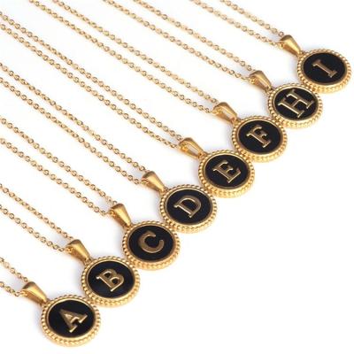 China Wholesale Elegant High Quality Round Oil Dropped Black Titanium Steel Shell Jewelry Decorative Border Initial Letter Necklace Pendant for sale