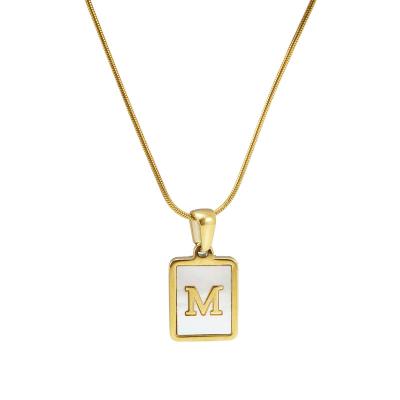 China Factory New Arrival 18K Gold Snake Chain Stainless Steel CLASSIC Special Square Chain Natural White Shell Initial Letter Pendant Necklace for sale